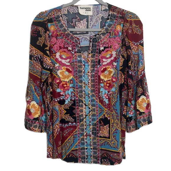 Savanna Jane Sweet Touch Black Pink Floral Embroidered Paisley Boho Blouse - Picture 3 of 10